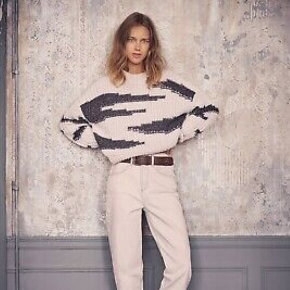 BA&SH Cacilie Metallic Intarsia-Knit Alpaca/Wool Ivory Sweater New Size 0/XS - Picture 4 of 16